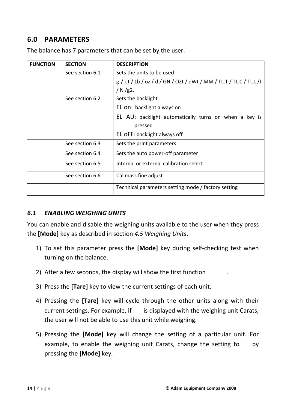 0 parameters, 1 enabling weighing units, Parameters | Enabling weighing units | Nova-Tech IHS 2a User Manual | Page 14 / 28