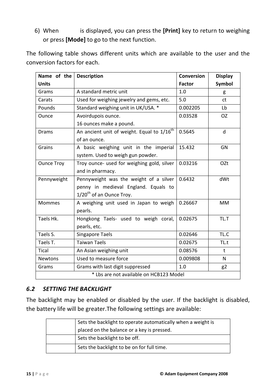 2 setting the backlight, Setting the backlight | Nova-Tech IHS 2a User Manual | Page 15 / 28