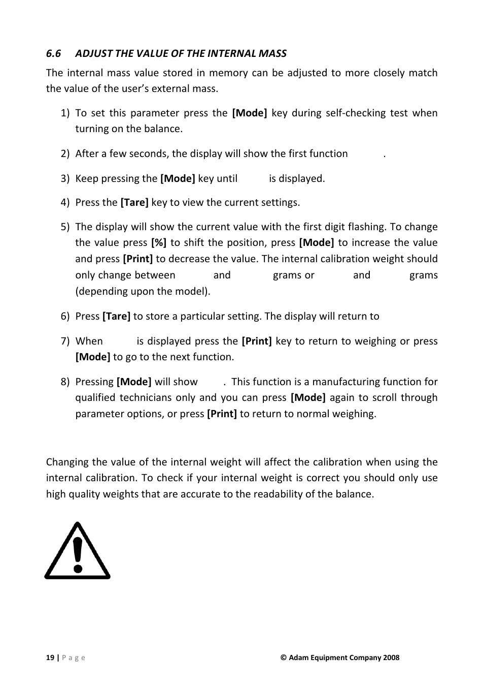 6 adjust the value of the internal mass, 0 calibration, Adjust the value of the internal mass | Nova-Tech IHS 2a User Manual | Page 19 / 28