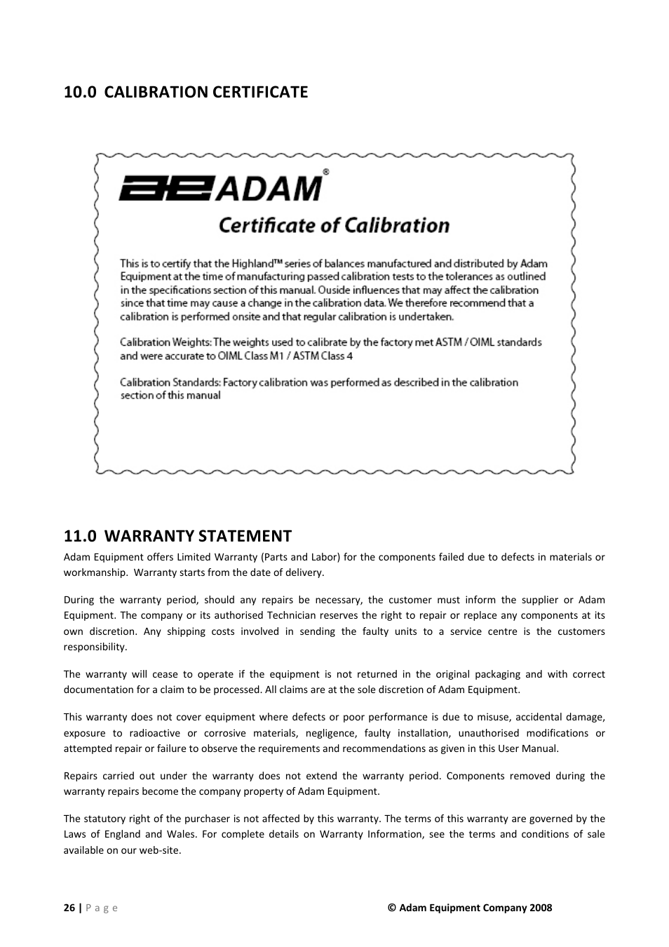 0 calibration certificate, 0 warranty statement, Calibration certificate | Warranty statement, 0 calibration, Certificate 11.0 warranty, Statement | Nova-Tech IHS 2a User Manual | Page 26 / 28