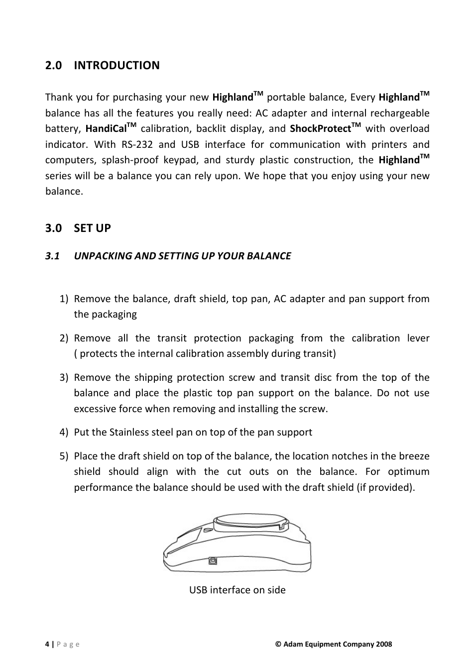 0 introduction, 0 set up, 1 unpacking and setting up your balance | Introduction, Set up, Unpacking and setting up your balance, 0 set | Nova-Tech IHS 2a User Manual | Page 4 / 28