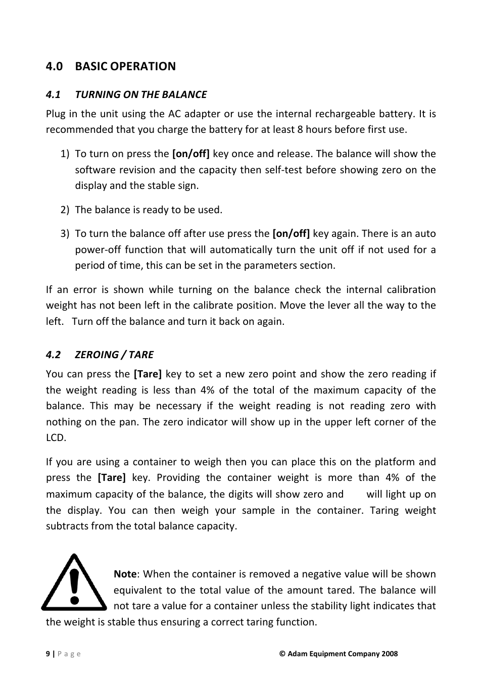 0 basic operation, 1 turning on the balance, 2 zeroing / tare | Basic operation, Turning on the balance, Zeroing / tare, 0 basic, Operation | Nova-Tech IHS 2a User Manual | Page 9 / 28