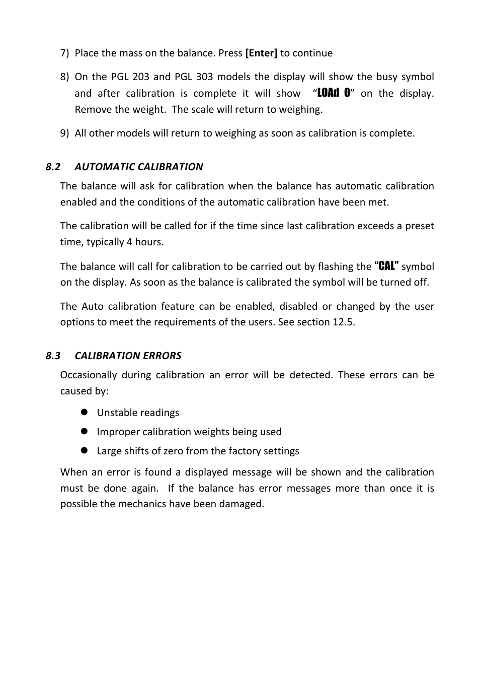 2 automatic calibration, 3 calibration errors, Automatic calibration | Calibration errors | Nova-Tech PGL Series User Manual | Page 23 / 40