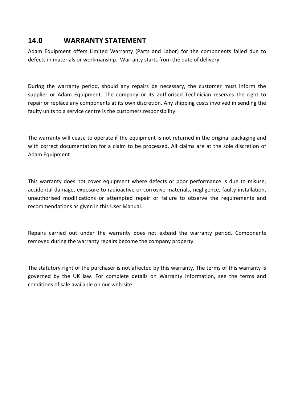 0 warranty statement, Warranty statement, 0 warranty | Statement | Nova-Tech PGL Series User Manual | Page 38 / 40