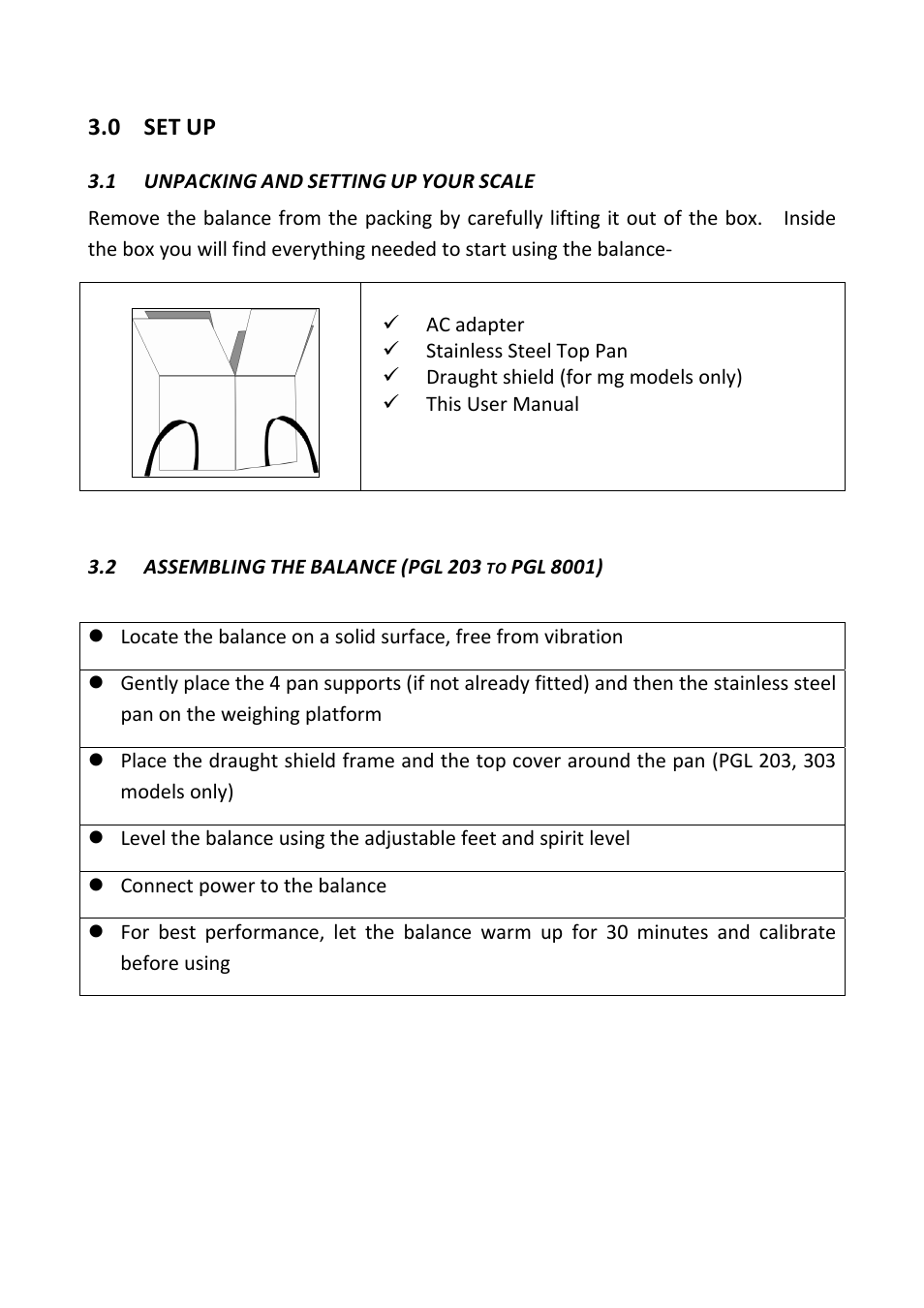 0 set up, 1 unpacking and setting up your scale, 2 assembling the balance (pgl 203 to pgl 8001) | Set up, Unpacking and setting up your scale, Assembling the balance (pgl 203 to pgl 8001), 0 set | Nova-Tech PGL Series User Manual | Page 6 / 40