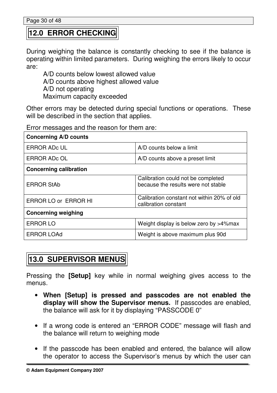 0 error checking, 0 supervisor menus | Nova-Tech PW Series User Manual | Page 30 / 48