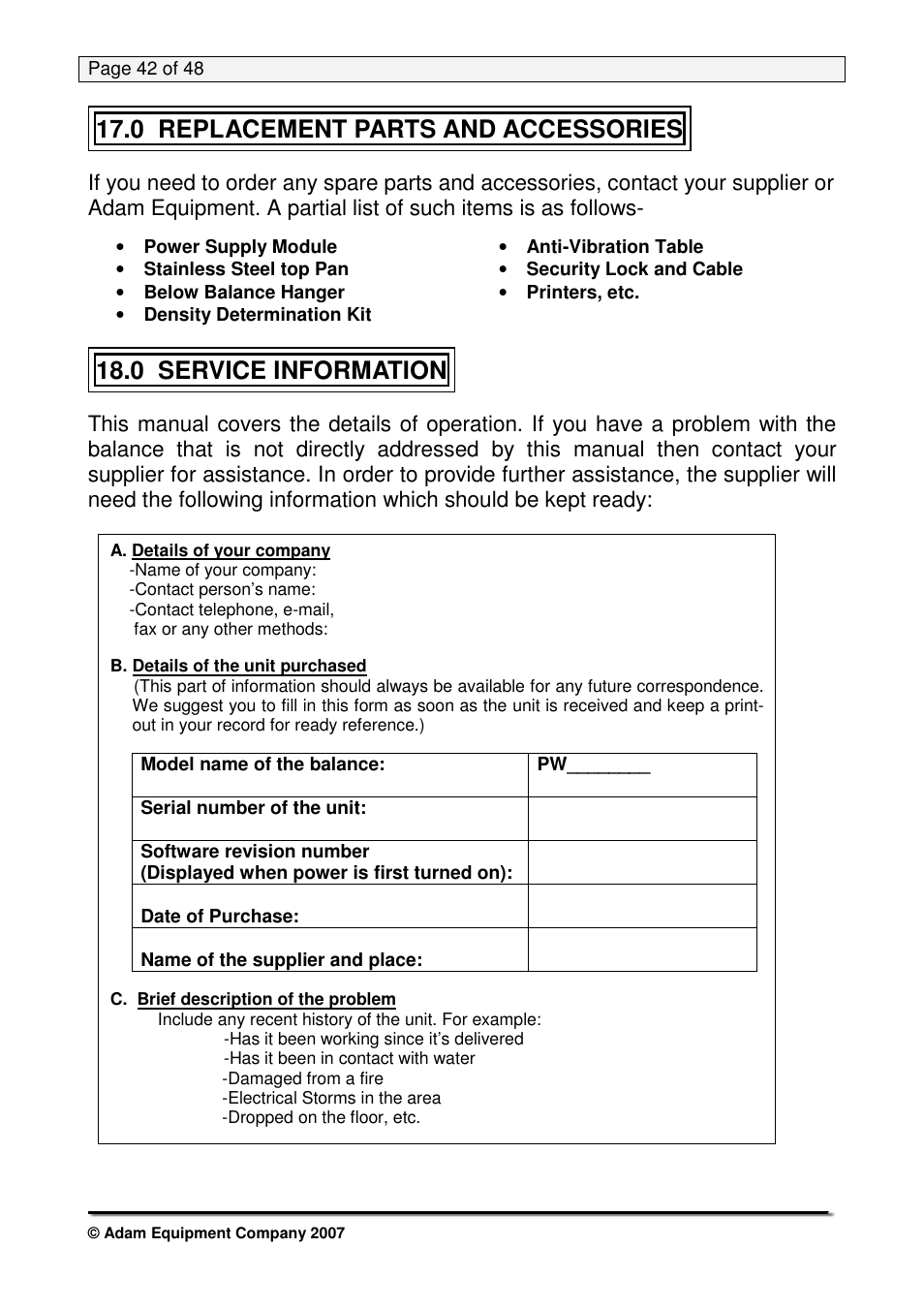 0 replacement parts and accessories, 0 service information | Nova-Tech PW Series User Manual | Page 42 / 48