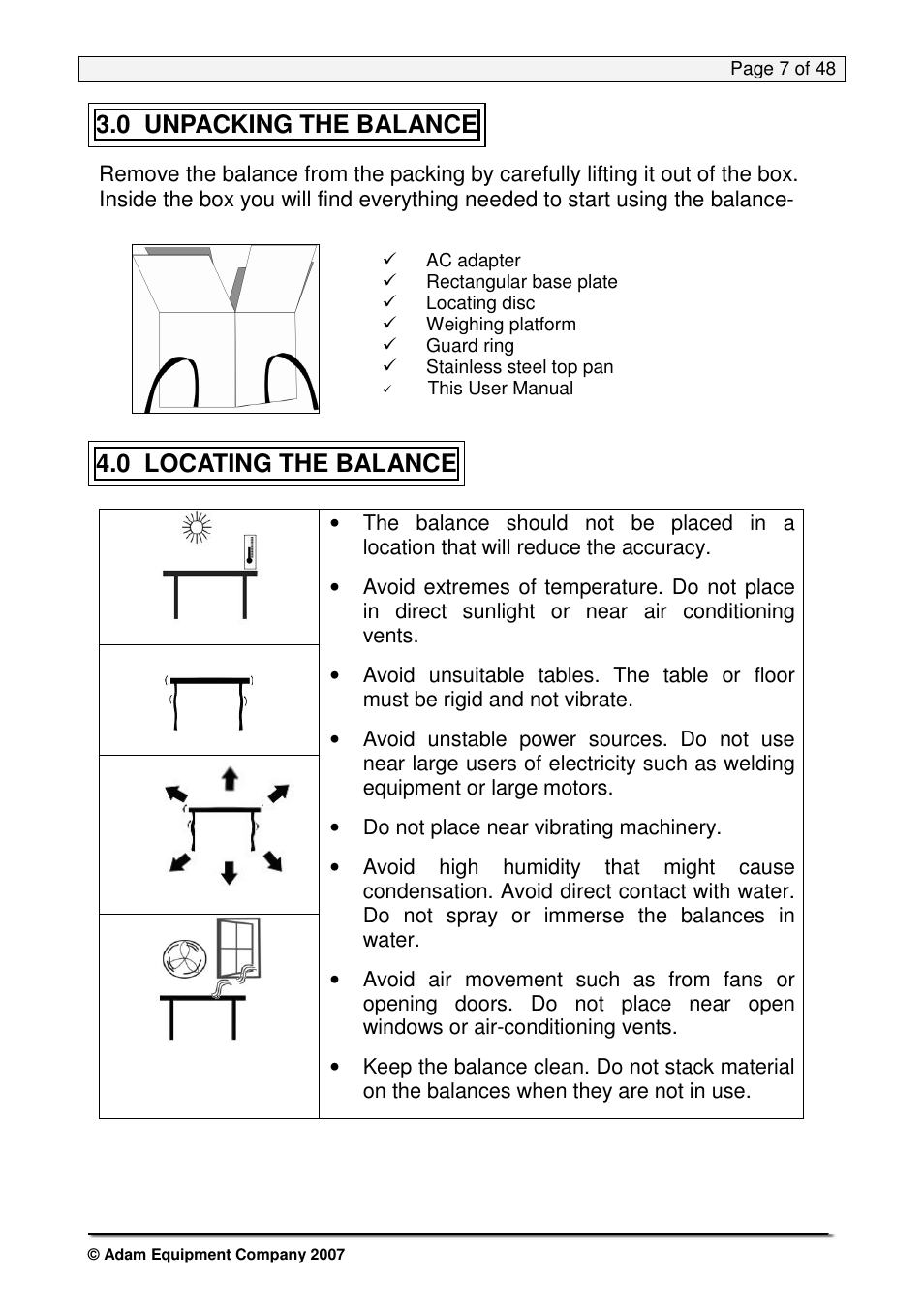 0 unpacking the balance, 0 locating the balance, Do not place near vibrating machinery | Nova-Tech PW Series User Manual | Page 7 / 48