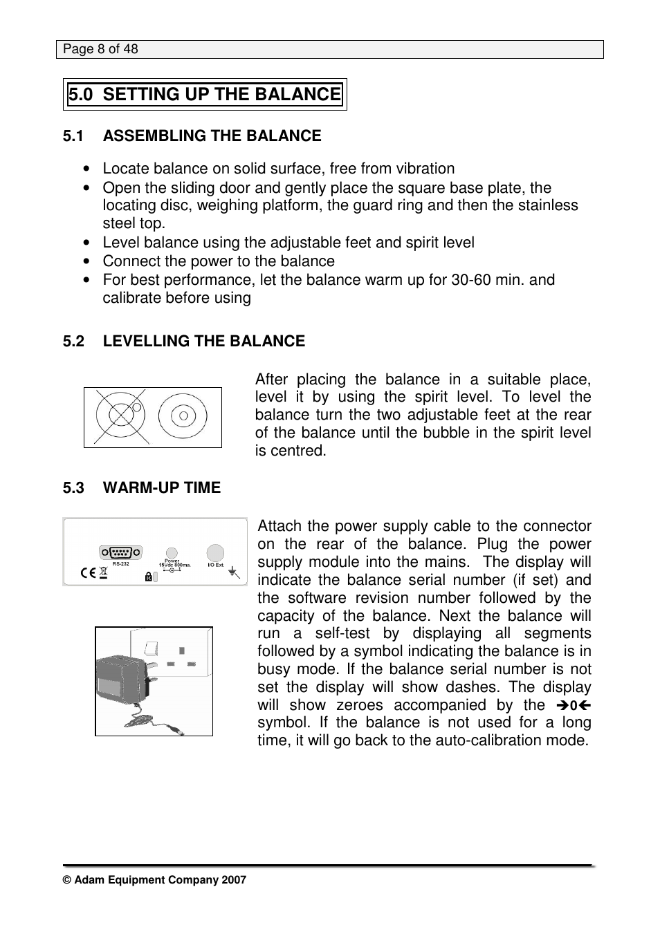 0 setting up the balance, 1 assembling the balance, 2 levelling the balance | Nova-Tech PW Series User Manual | Page 8 / 48