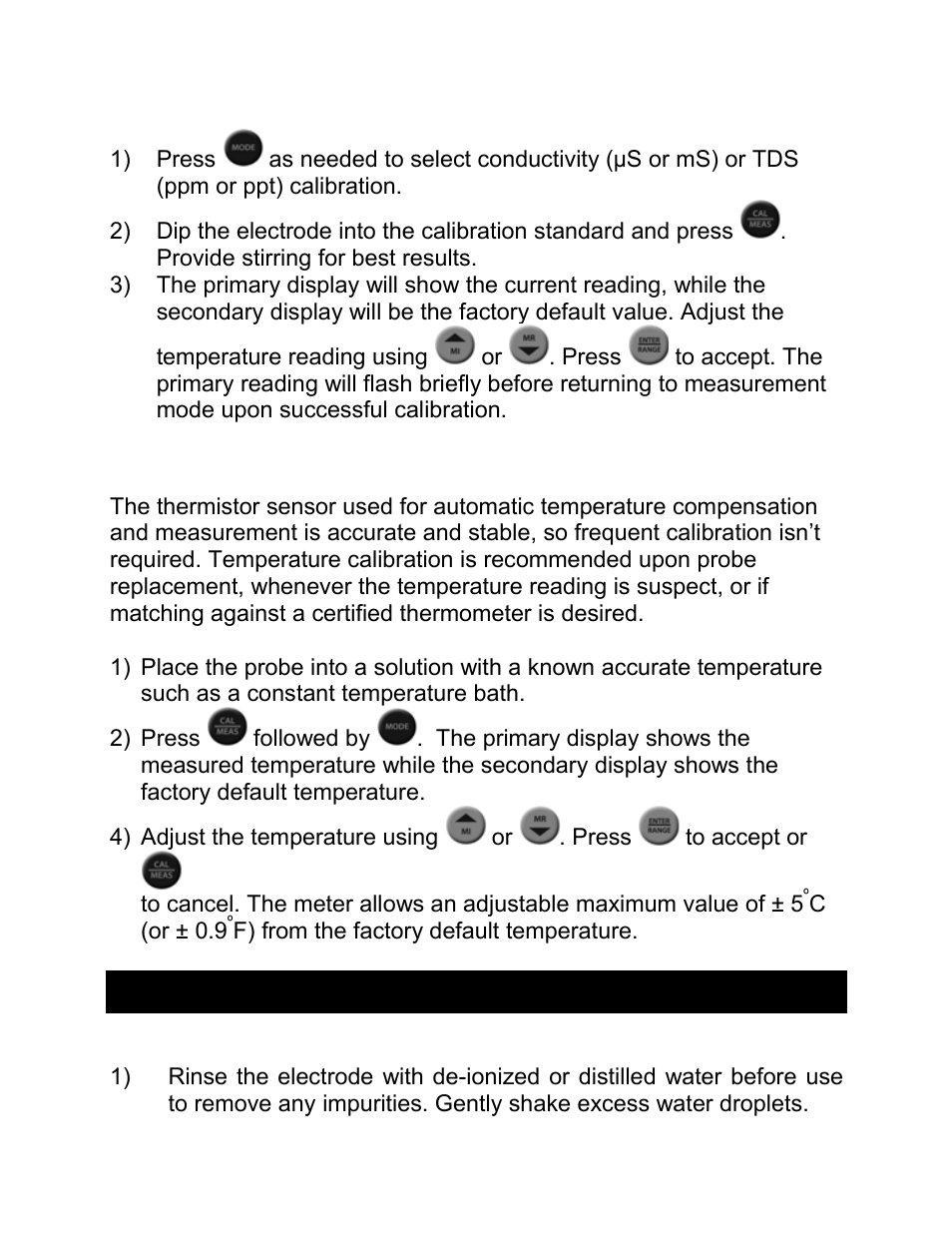 5 manual conductivity & tds calibration procedure, 6 temperature calibration, Measurement | 1 taking measurements, Manual conductivity & tds calibration procedure, Temperature calibration, Taking measurements | Nova-Tech CON 700 User Manual | Page 11 / 24