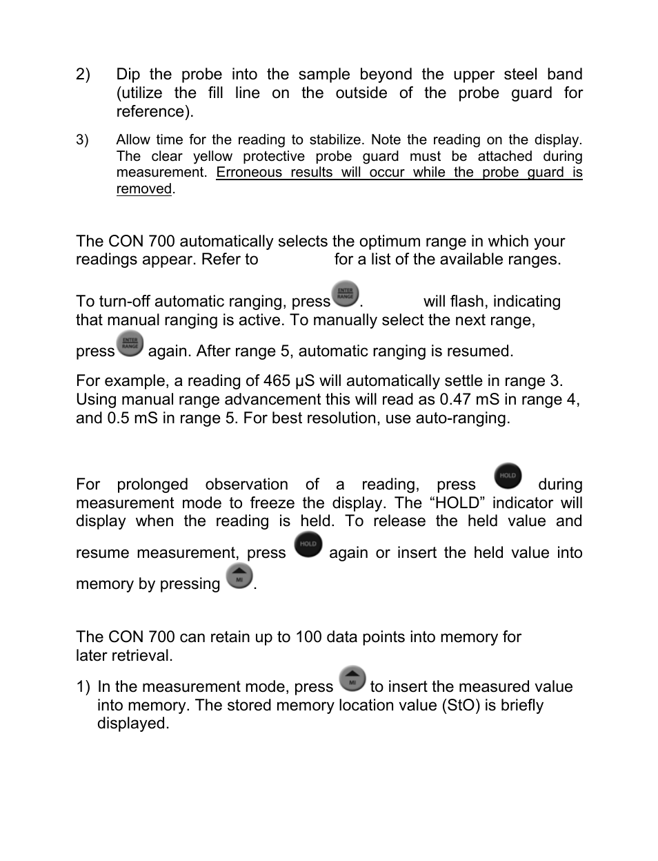 2 automatic and manual ranging, 3 hold function, 4 storing and recalling data | Automatic and manual ranging, Hold function, Storing and recalling data | Nova-Tech CON 700 User Manual | Page 12 / 24