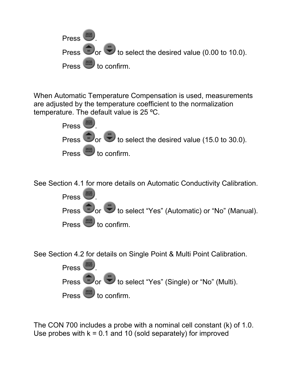 9 p3.6 t.nr (normalization temperature in ºc), 10 acal (automatic conductivity calibration), 11 spc (single point calibration) | 12 cell (nominal cell constant), P3.6 t.nr (normalization temperature in ºc), Acal (automatic conductivity calibration), Spc (single point calibration), Cell (nominal cell constant) | Nova-Tech CON 700 User Manual | Page 15 / 24