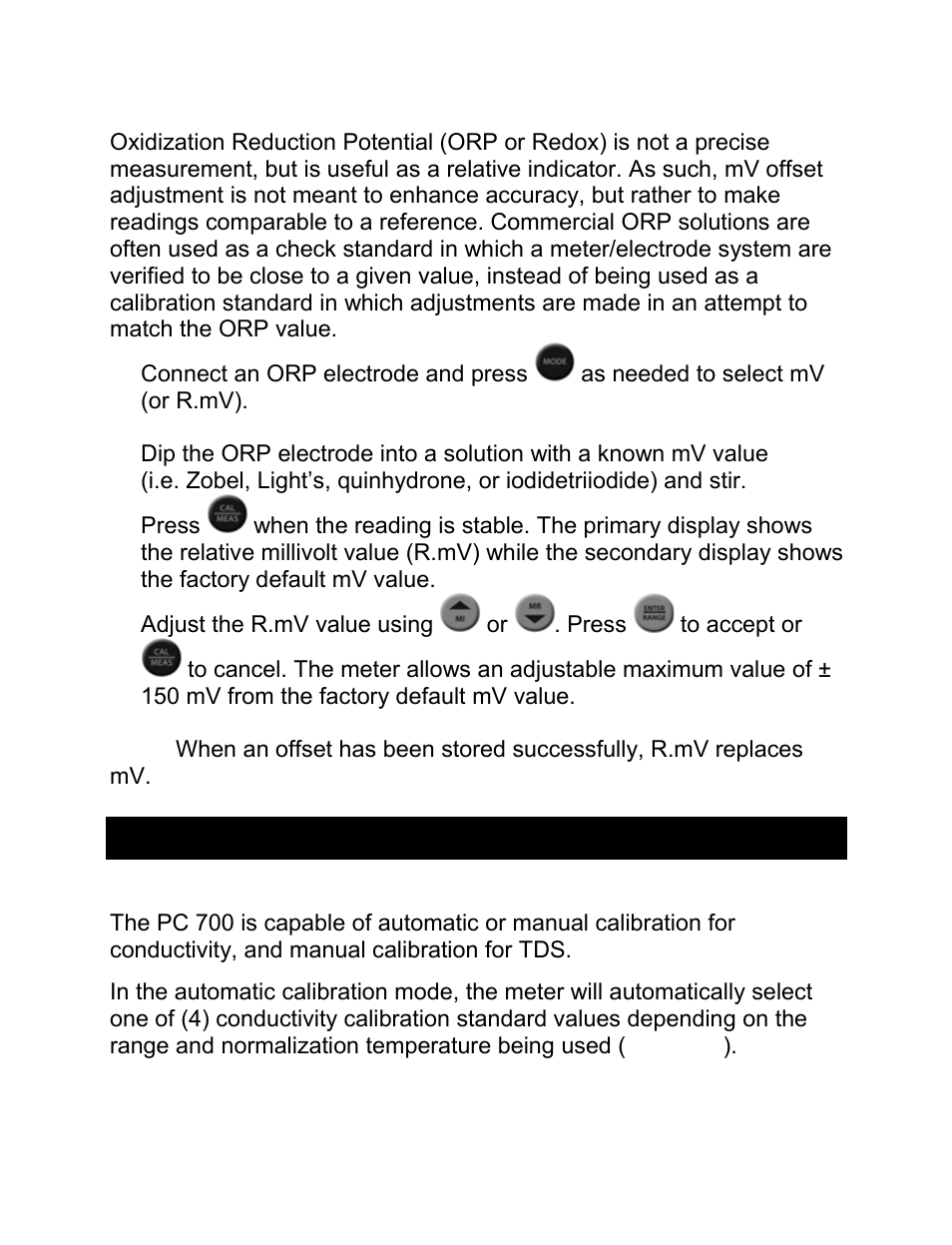 Conductivity and tds calibration, 1 automatic or manual calibration, Millivolt (mv) offset adjustment | Automatic or manual calibration | Nova-Tech pH-CON 700 User Manual | Page 11 / 32