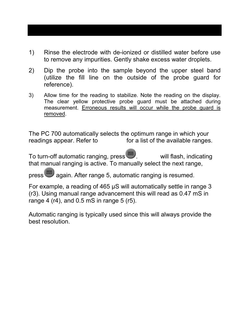 Conductivity and tds measurement, 1 taking measurements, 2 automatic and manual ranging | Taking measurements, Automatic and manual ranging | Nova-Tech pH-CON 700 User Manual | Page 15 / 32