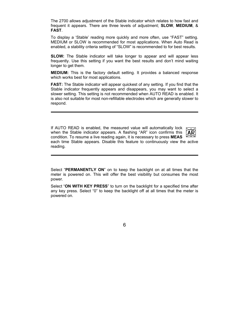 Stability criteria, Auto read, Section 3—auto read | To disa, Backlight, Datalog | Nova-Tech 2700 Series Benchtop Meters User Manual | Page 10 / 60