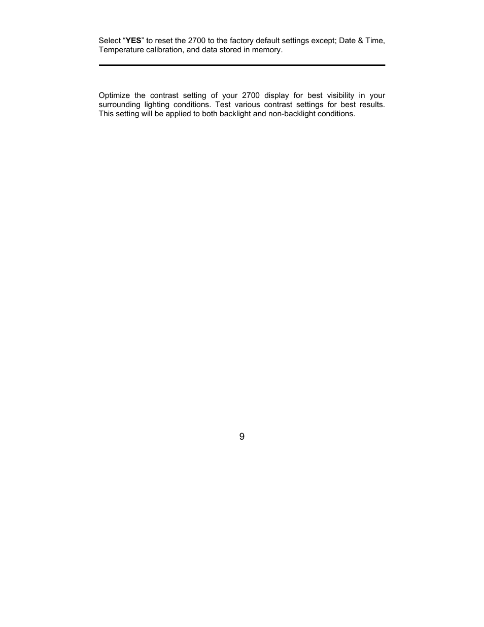Factory reset, Contrast adjustment, Contrast | Nova-Tech 2700 Series Benchtop Meters User Manual | Page 13 / 60