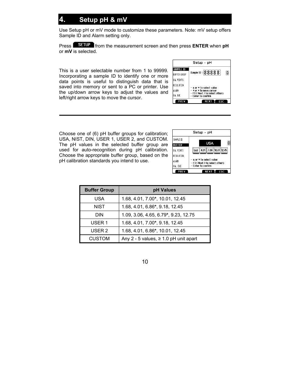 Sample id, Buffer (group selection), Setup ph & mv | Nova-Tech 2700 Series Benchtop Meters User Manual | Page 14 / 60