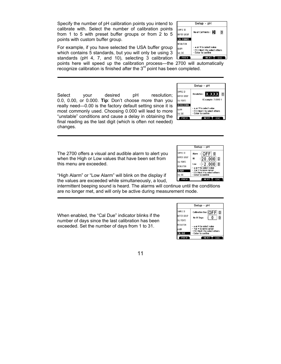 Cal points, Resolution, Alarm | Cal due | Nova-Tech 2700 Series Benchtop Meters User Manual | Page 15 / 60