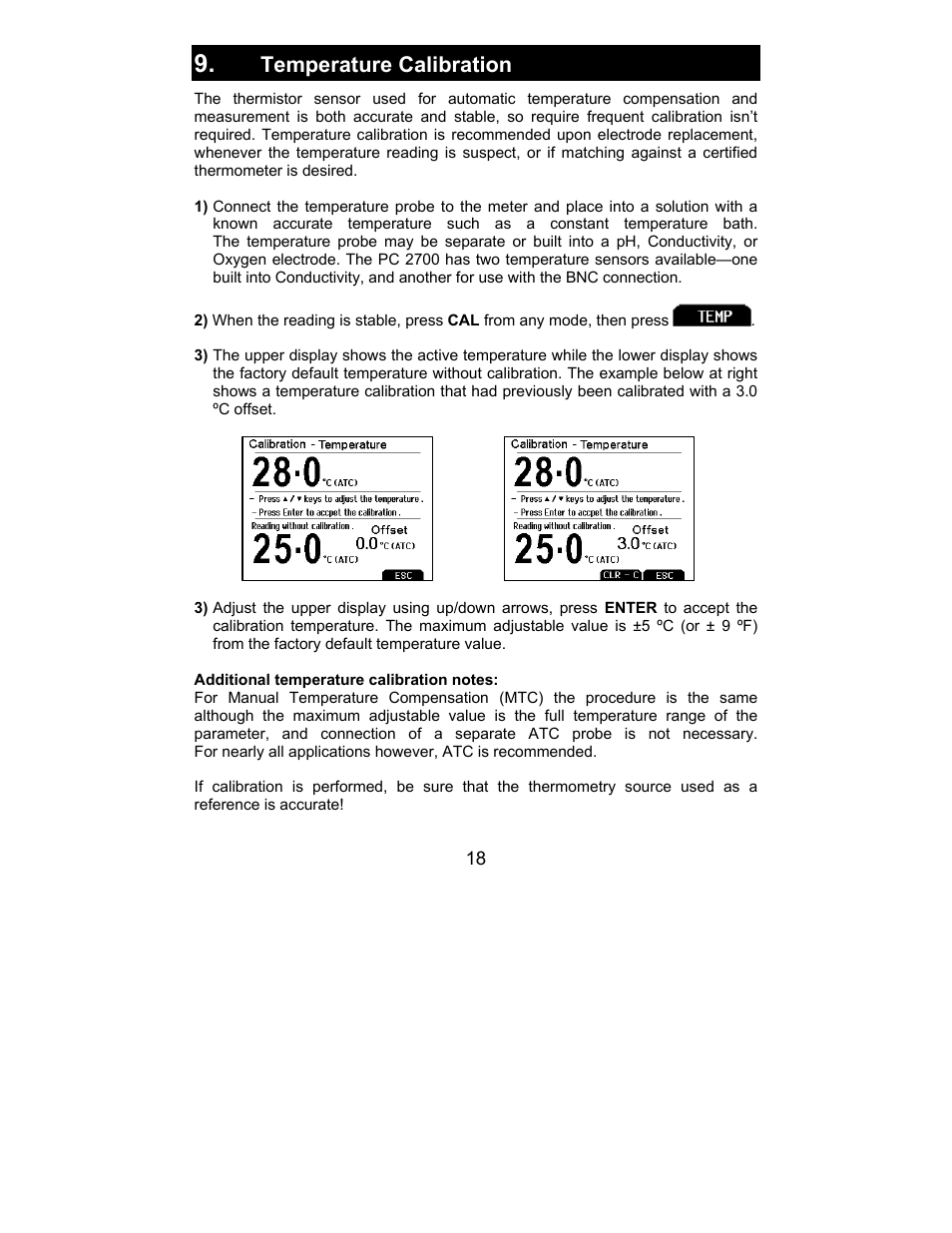Temperature calibration, Section 9—temperature, Calibration | To calibr | Nova-Tech 2700 Series Benchtop Meters User Manual | Page 22 / 60