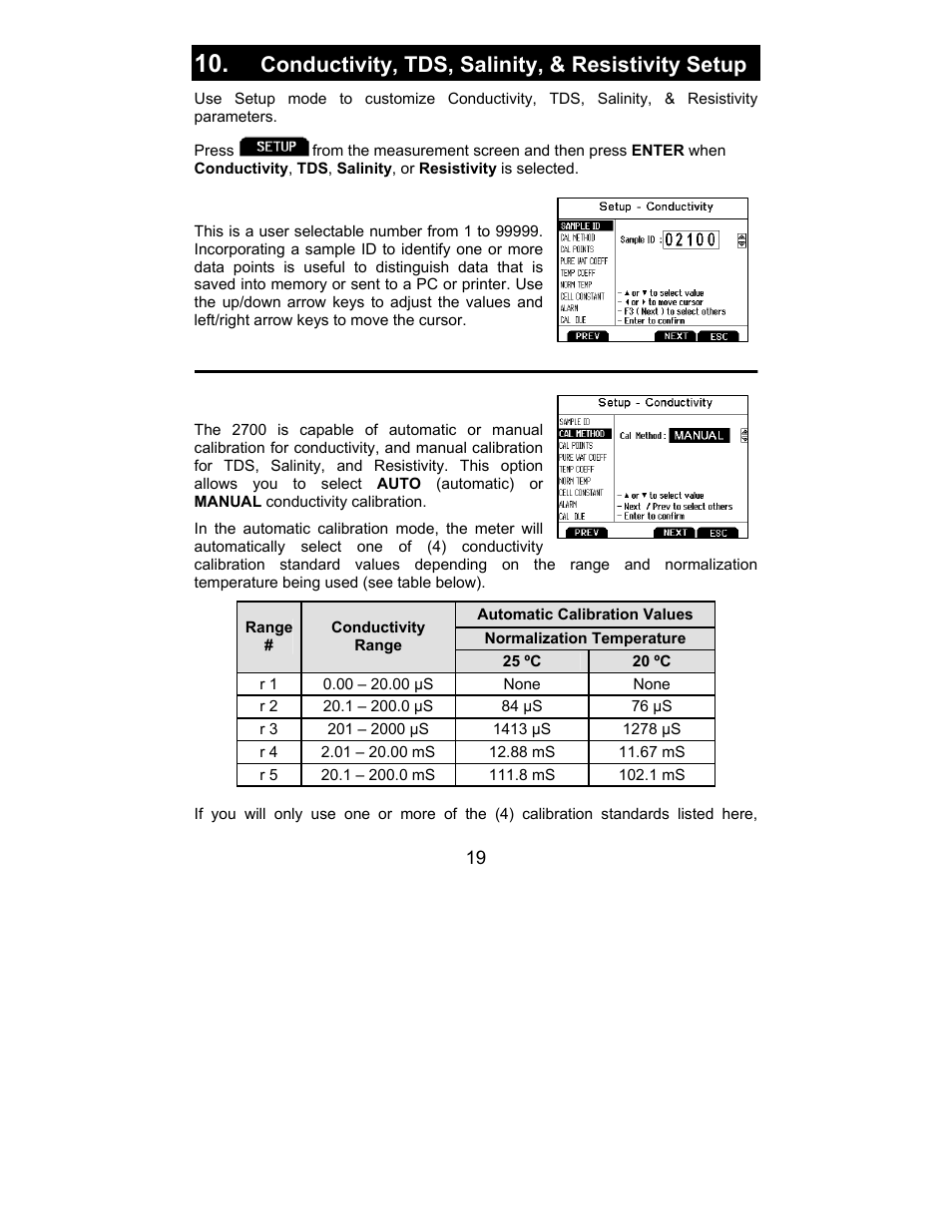 Sample id, Conductivity, tds, salinity, & resistivity setup | Nova-Tech 2700 Series Benchtop Meters User Manual | Page 23 / 60