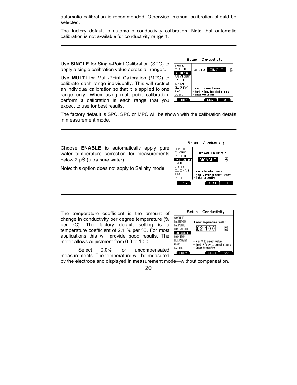 Cal points, Pure water coefficient, Temperature coefficient (linear) | Nova-Tech 2700 Series Benchtop Meters User Manual | Page 24 / 60