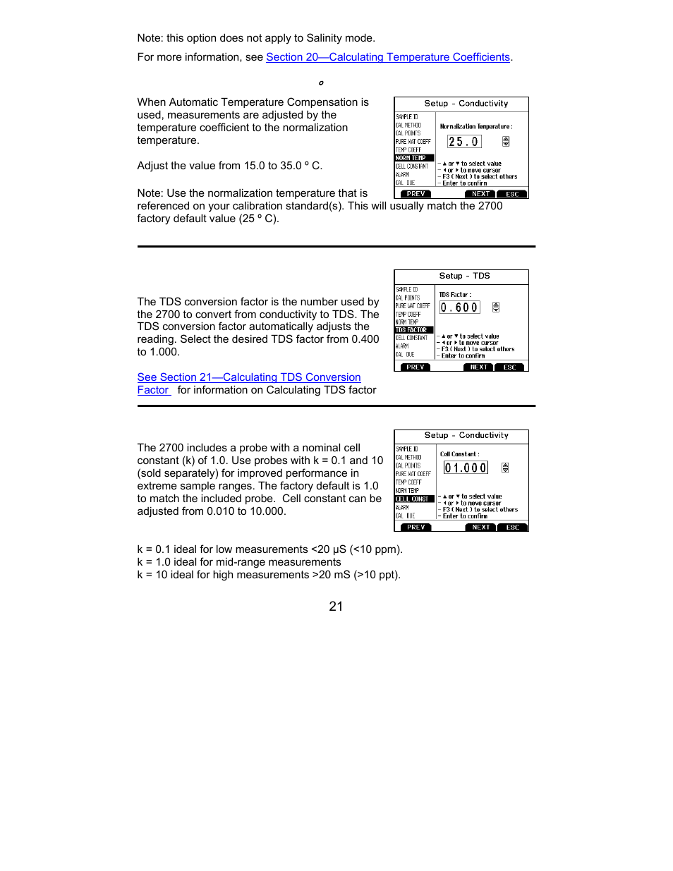 Normalization temperature ((c), Cell constant, Normalization temperature | Nova-Tech 2700 Series Benchtop Meters User Manual | Page 25 / 60