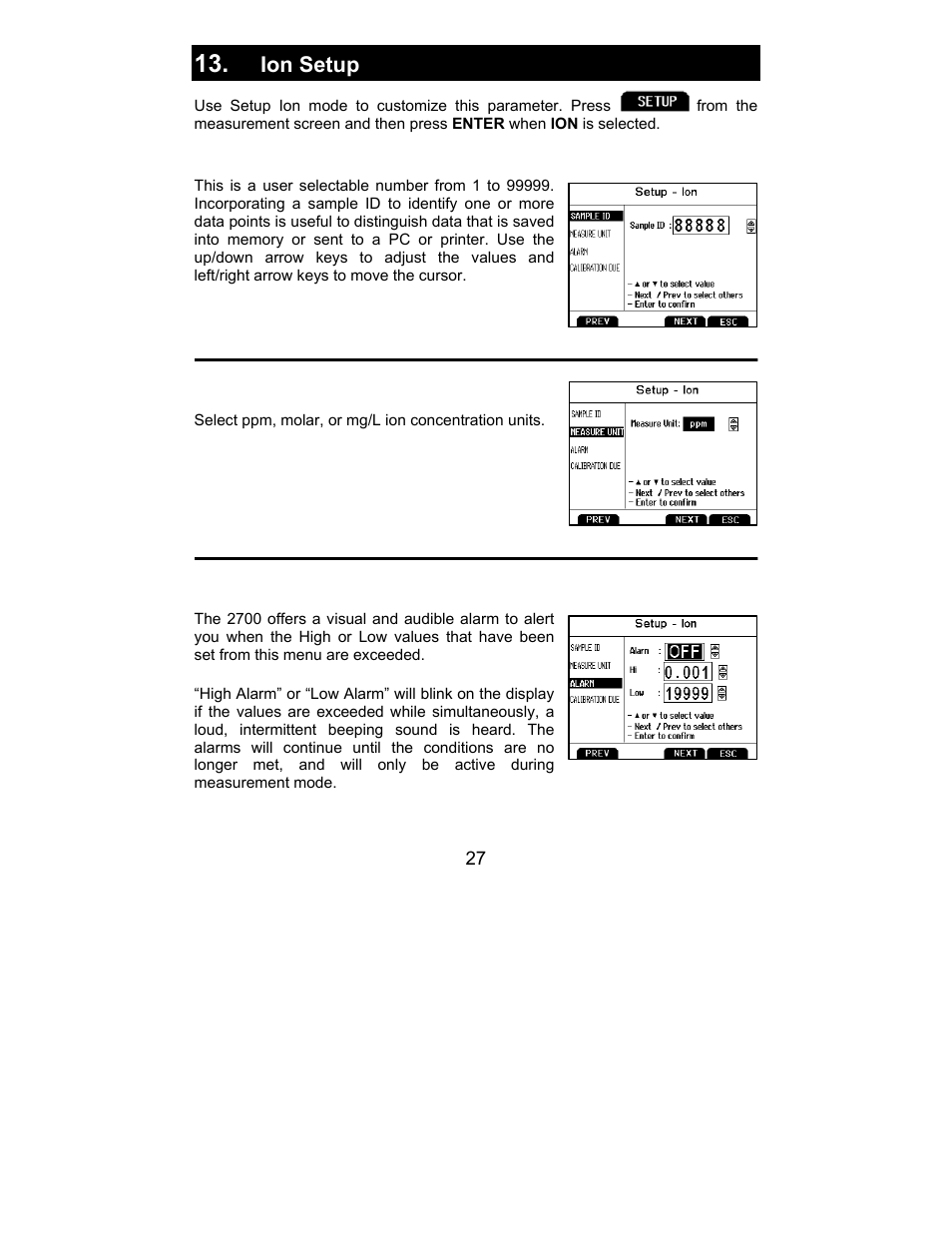 Sample id, Measure unit, Alarm | Ion setup | Nova-Tech 2700 Series Benchtop Meters User Manual | Page 31 / 60