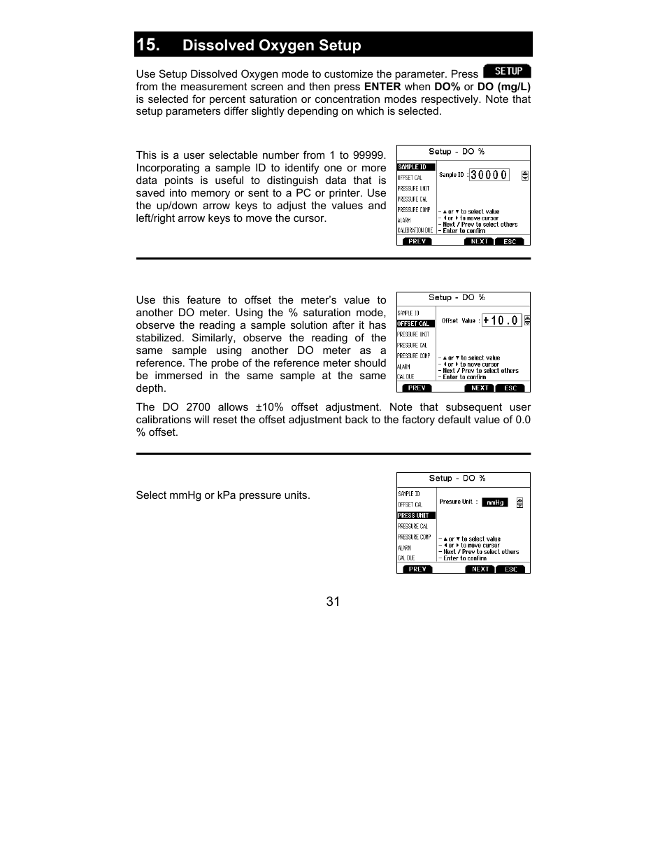 Sample id, Offset cal (% saturation only), Pressure unit (% saturation mode only) | Dissolved oxygen setup | Nova-Tech 2700 Series Benchtop Meters User Manual | Page 35 / 60
