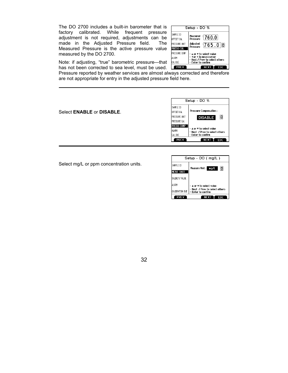 Pressure cal (% saturation mode only), Pressure compensation (% saturation mode only), Measure unit (concentration mode only) | Nova-Tech 2700 Series Benchtop Meters User Manual | Page 36 / 60