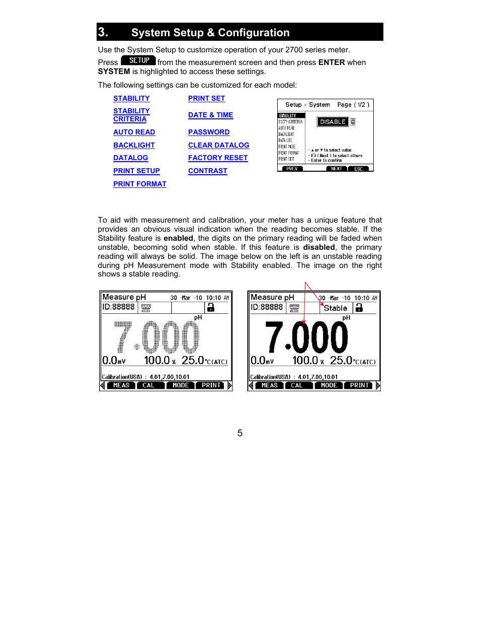 Stability, System setup & configuration | Nova-Tech 2700 Series Benchtop Meters User Manual | Page 9 / 60