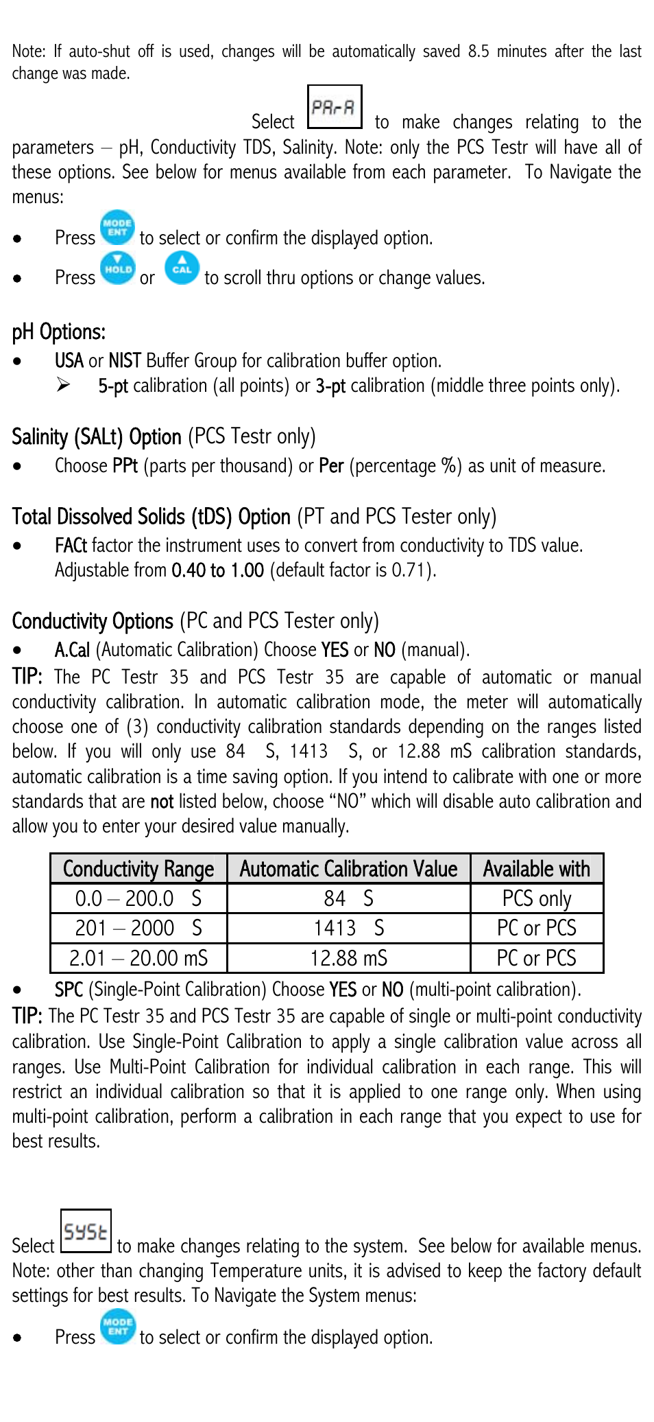 Instruction manual, Multi-parameter testr 35 series, Getting started | Setup, Parameter setup, System setup, Temperature calibration, Ph calibration | Nova-Tech Oakton Testr 35 User Manual | Page 2 / 6