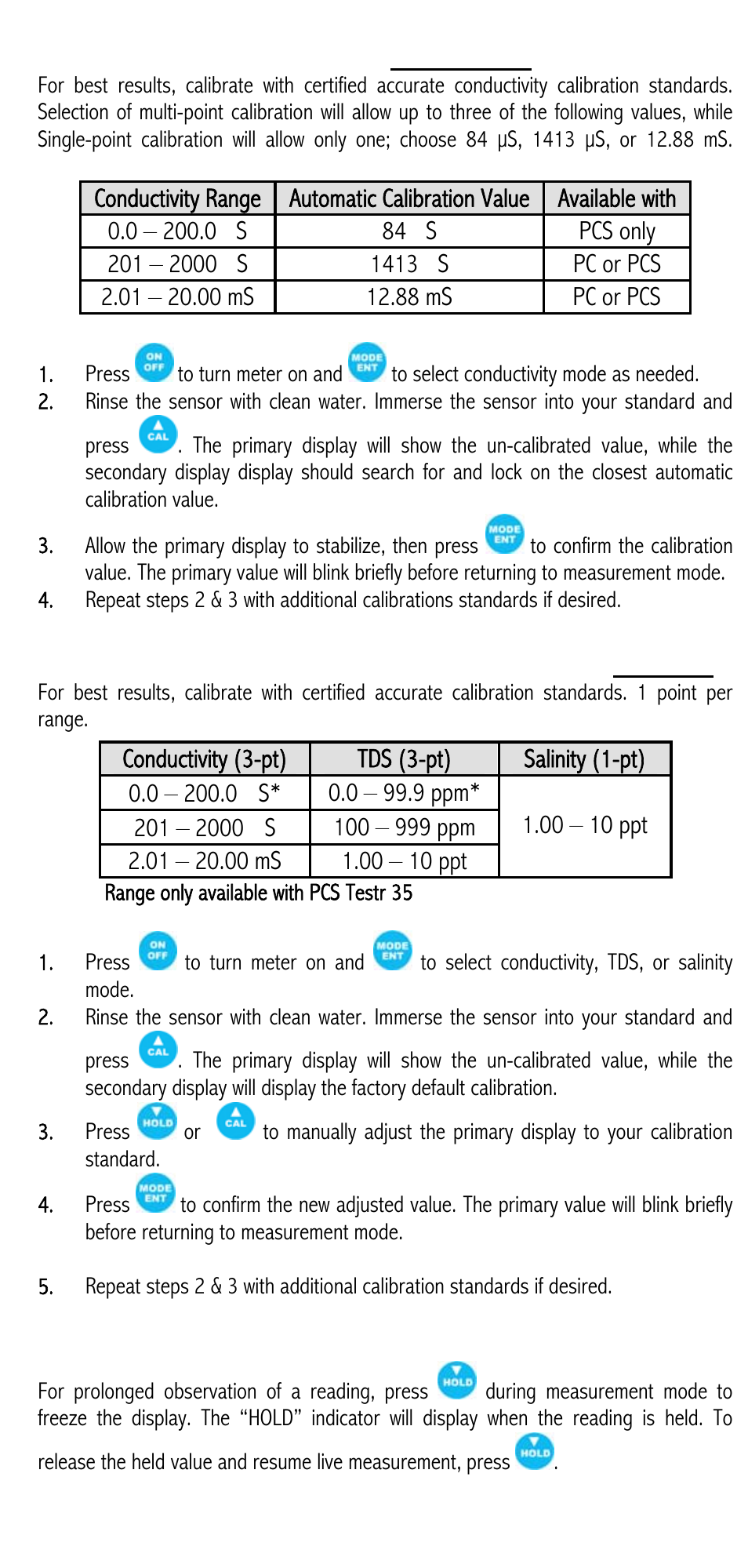 Conductivity calibration (automatic), Conductivity, tds, & salinity calibration (manual), Hold function | Sensor replacement, Battery replacement, Storage, Warranty, Return of items | Nova-Tech Oakton Testr 35 User Manual | Page 4 / 6