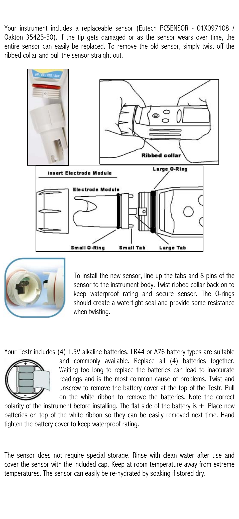 Conductivity calibration (automatic), Conductivity, tds, & salinity calibration (manual), Hold function | Sensor replacement, Battery replacement, Storage, Warranty, Return of items | Nova-Tech Oakton Testr 35 User Manual | Page 5 / 6