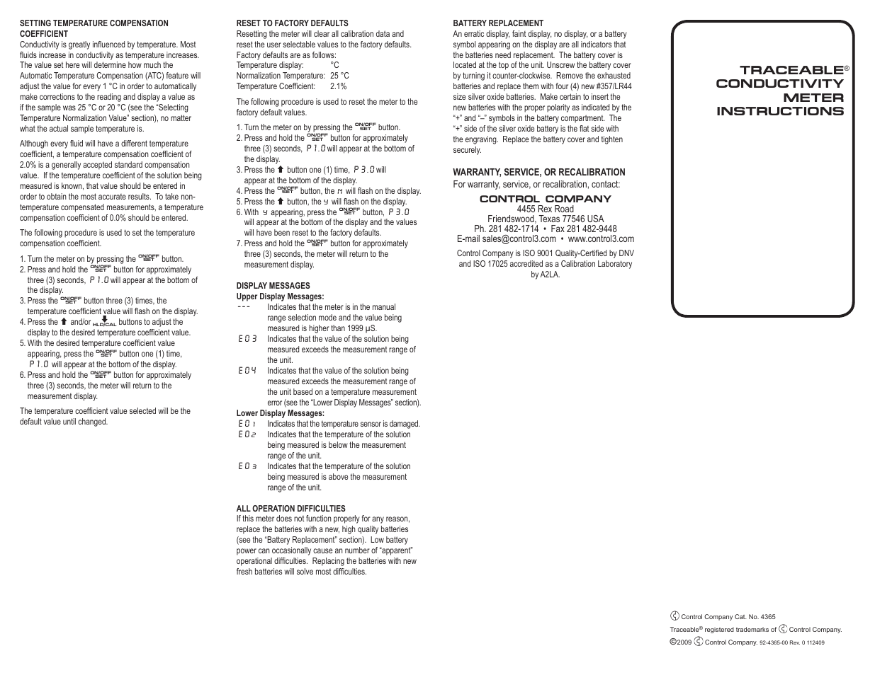 Traceable conductivity meter instructions | Control Company 4365 CONDUCTIVITY METER User Manual | Page 2 / 2