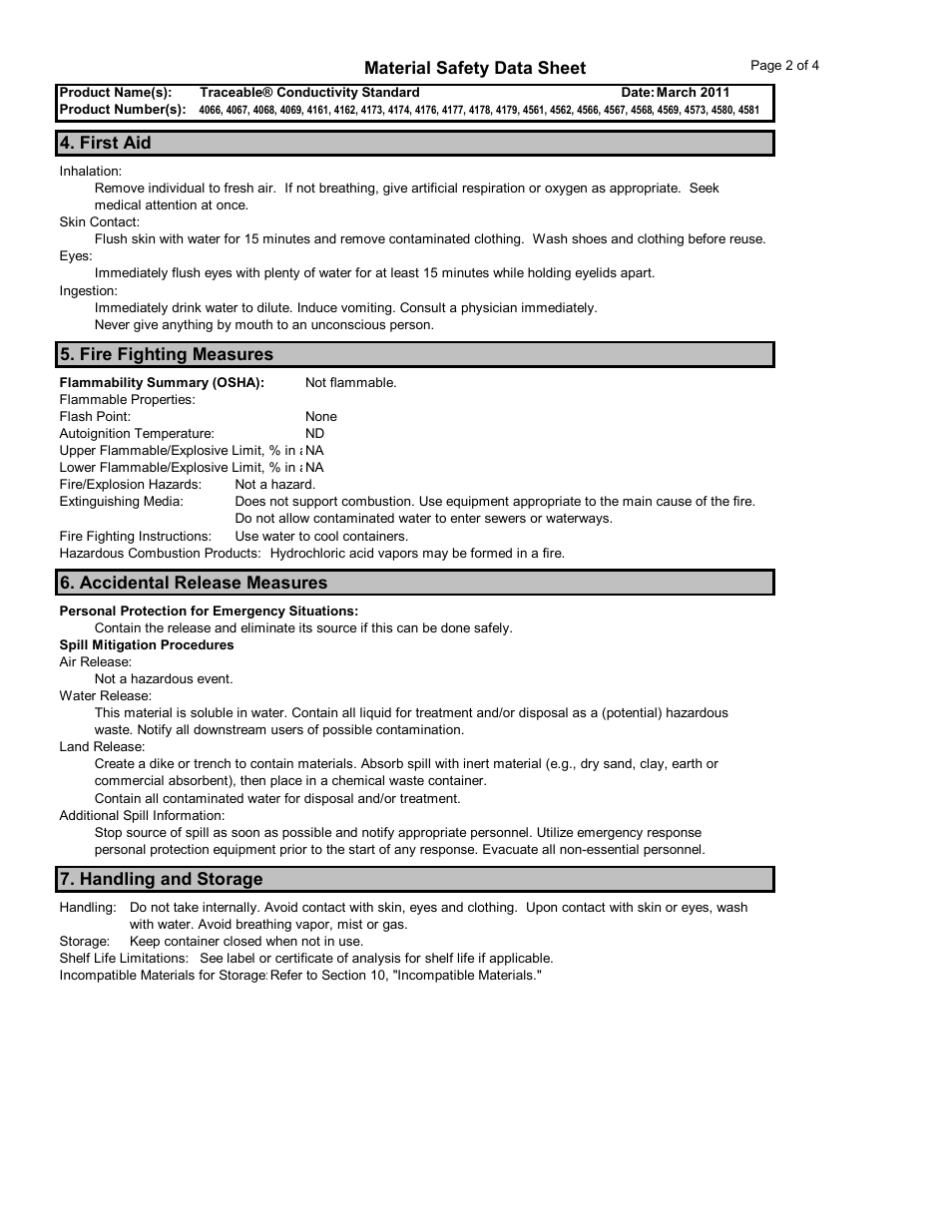 Material safety data sheet, First aid, Fire fighting measures | Accidental release measures, Handling and storage | Nova-Tech 4178, 4179, 4561, 4562, 4566, 4567, 4568, 4569, 4573, 4580, 4581 Control Company User Manual | Page 2 / 4