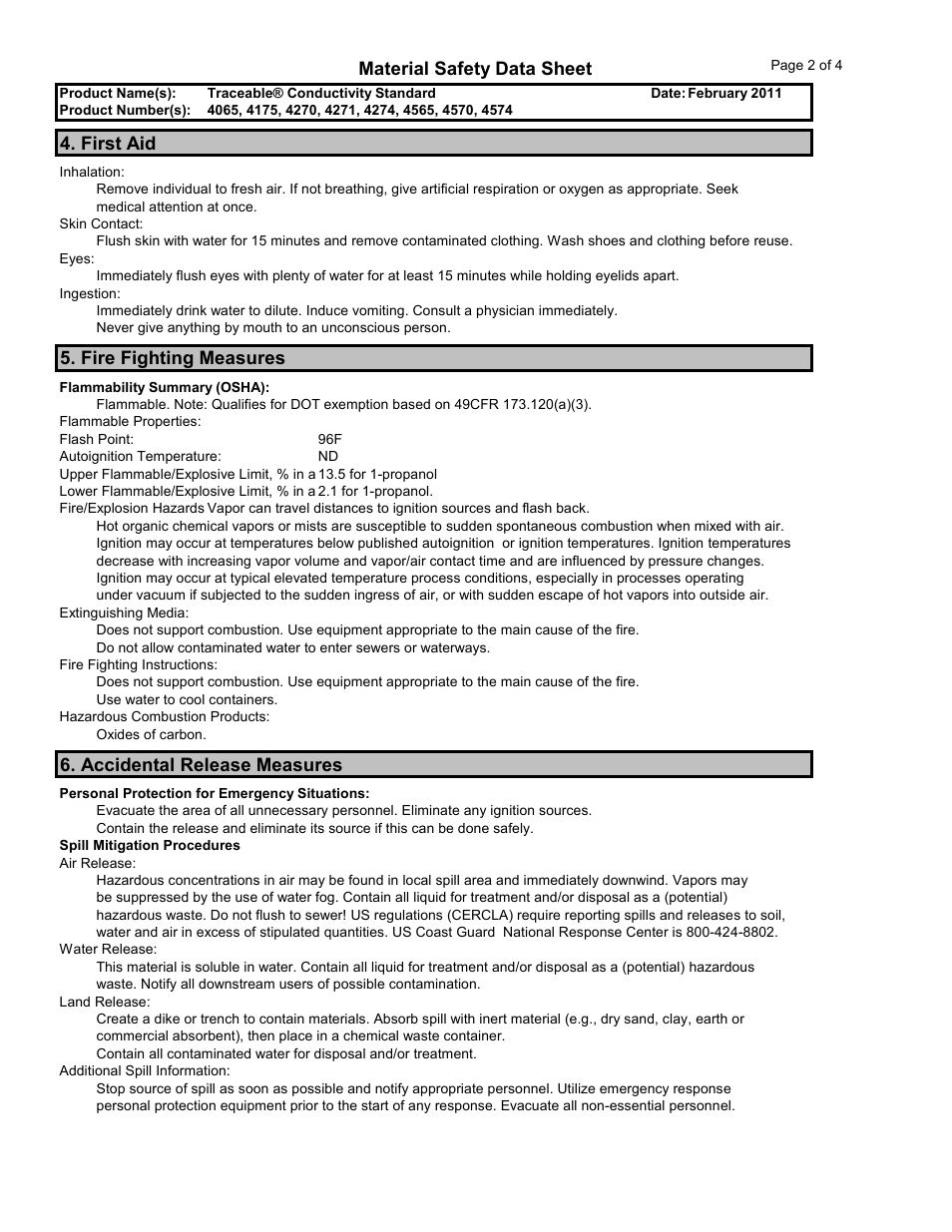 Material safety data sheet, First aid, Fire fighting measures | Accidental release measures | Nova-Tech 4065, 4175, 4270, 4271, 4274, 4565, 4570, 4574 Control Company User Manual | Page 2 / 4