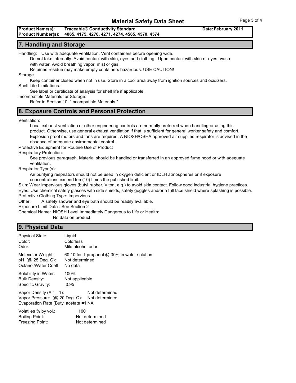 Material safety data sheet, Handling and storage, Exposure controls and personal protection | Physical data | Nova-Tech 4065, 4175, 4270, 4271, 4274, 4565, 4570, 4574 Control Company User Manual | Page 3 / 4