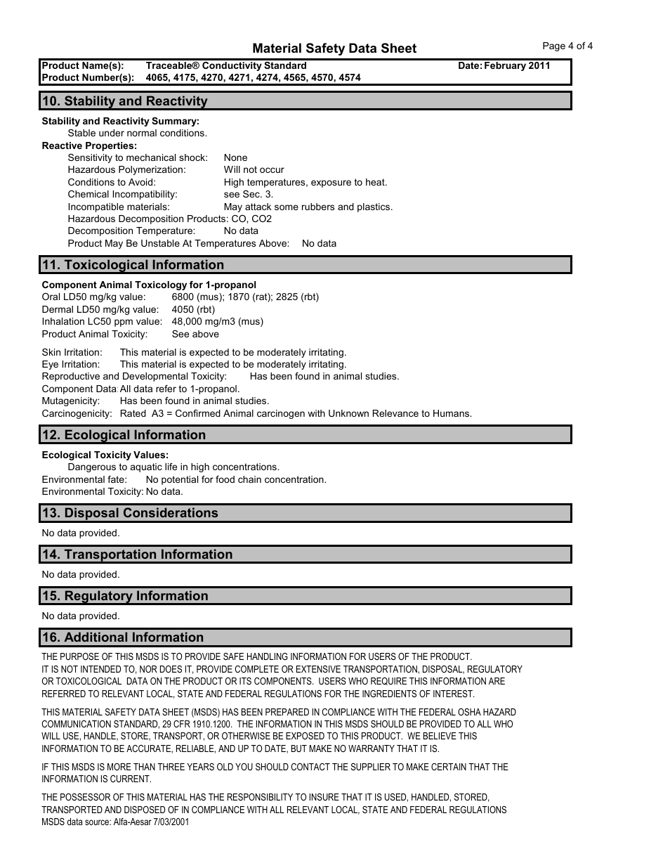 Material safety data sheet, Stability and reactivity, Toxicological information | Ecological information, Disposal considerations, Transportation information, Regulatory information, Additional information | Nova-Tech 4065, 4175, 4270, 4271, 4274, 4565, 4570, 4574 Control Company User Manual | Page 4 / 4