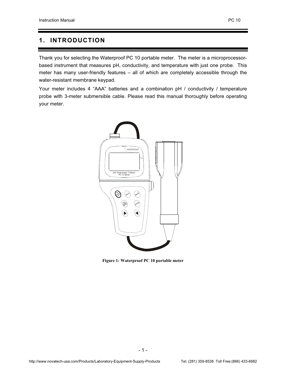 Instruction manual pc 10, Figure 1: waterproof pc 10 portable meter | Nova-Tech pH-CON 10 User Manual | Page 5 / 29