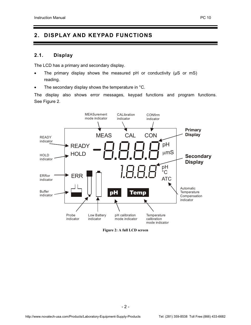 Ph temp, Con meas cal ready err ph, Hold | Nova-Tech pH-CON 10 User Manual | Page 6 / 29