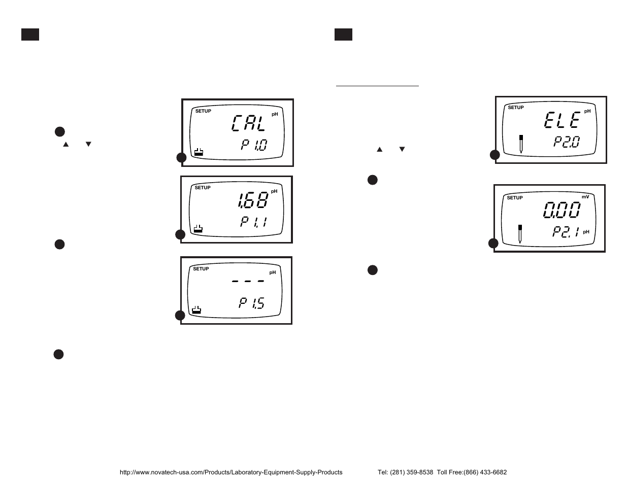 Ph mode— p1.0: viewing previous calibration data, Ph mode —p2.0: viewing electrode data | Nova-Tech pH-Dissolved Oxygen Meter User Manual | Page 17 / 35
