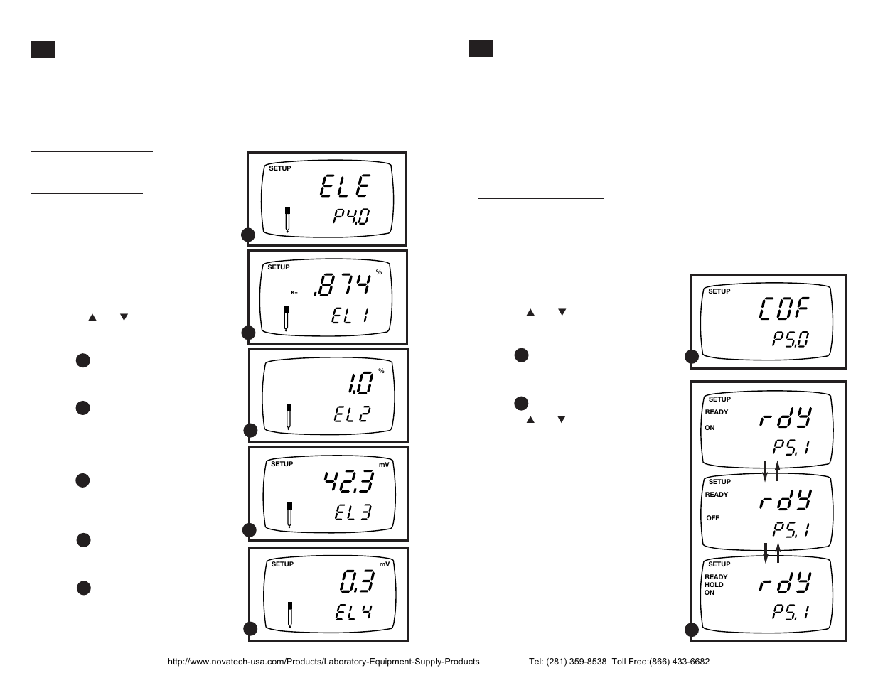 Saturation mode— p4.0: electrode properties, Saturation mode— p5.0: unit configuration | Nova-Tech pH-Dissolved Oxygen Meter User Manual | Page 22 / 35
