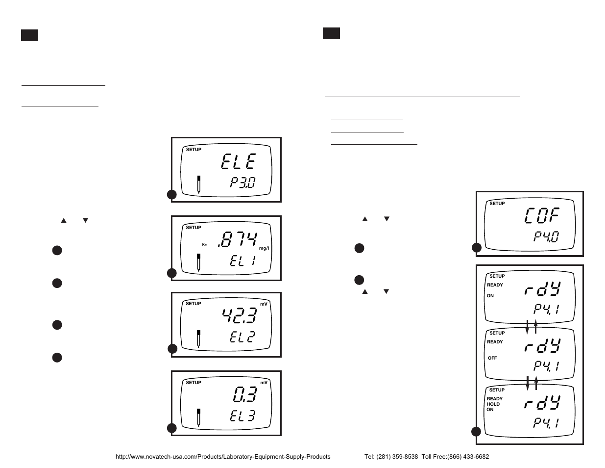 Mg/l (ppm) mode— p3.0: electrode properties, Mg/l (ppm) mode— p4.0: unit configuration | Nova-Tech pH-Dissolved Oxygen Meter User Manual | Page 26 / 35