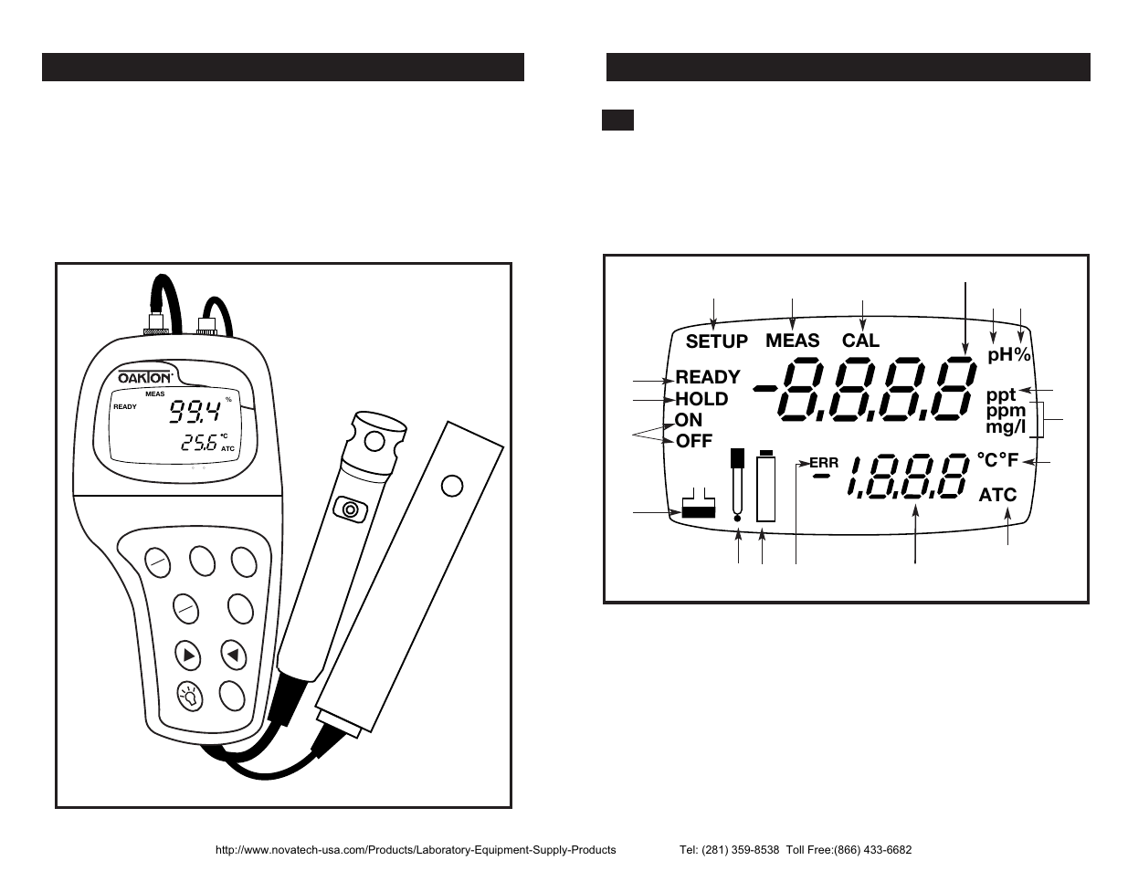 Introduction, Display and keypad functions display, Atc ready meas cal hold | Fph% setup on off c ppm mg/l ppt | Nova-Tech pH-Dissolved Oxygen Meter User Manual | Page 3 / 35