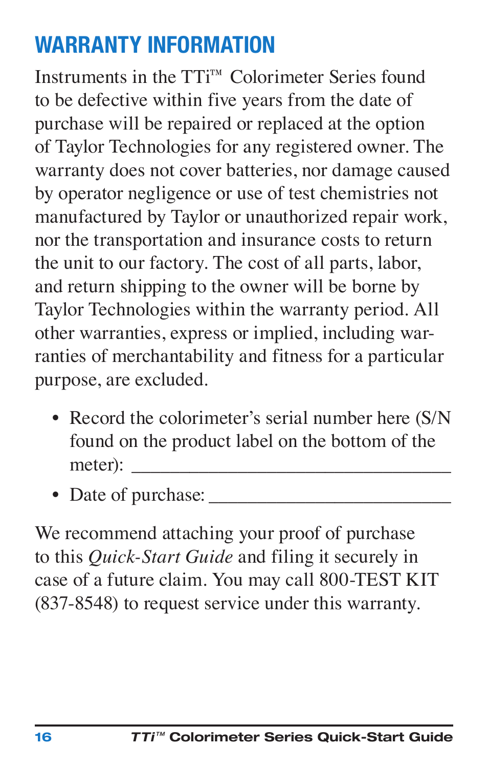 Warranty information | Nova-Tech Taylor M-3000 TTi3000 Colorimeter Series User Manual | Page 20 / 28