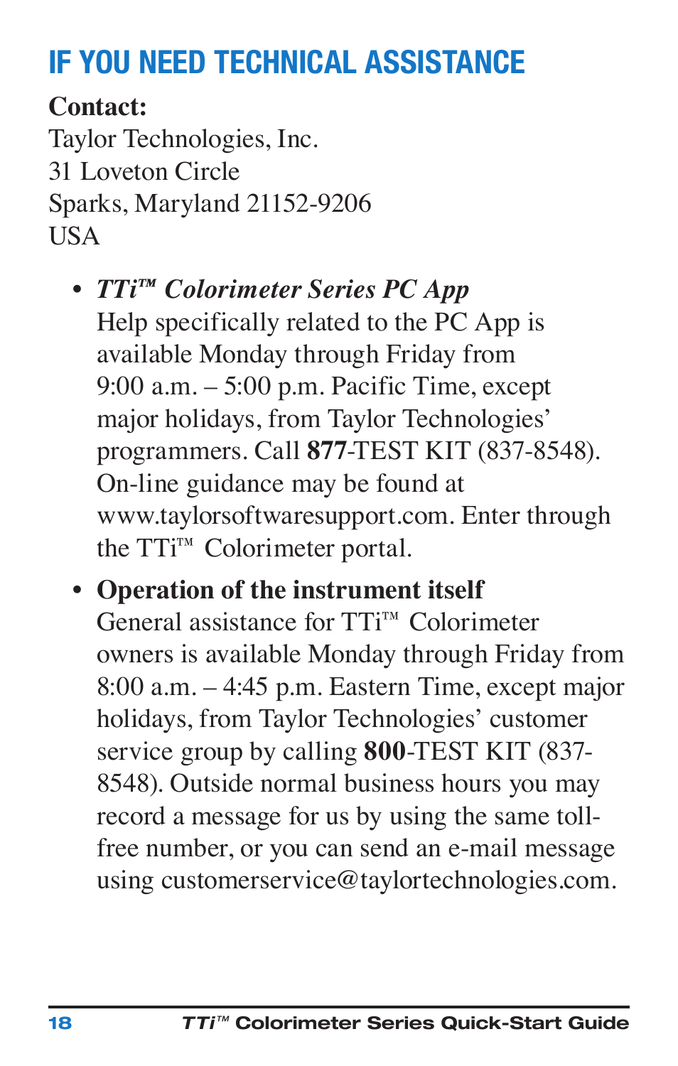If you need technical assistance | Nova-Tech Taylor M-3000 TTi3000 Colorimeter Series User Manual | Page 22 / 28
