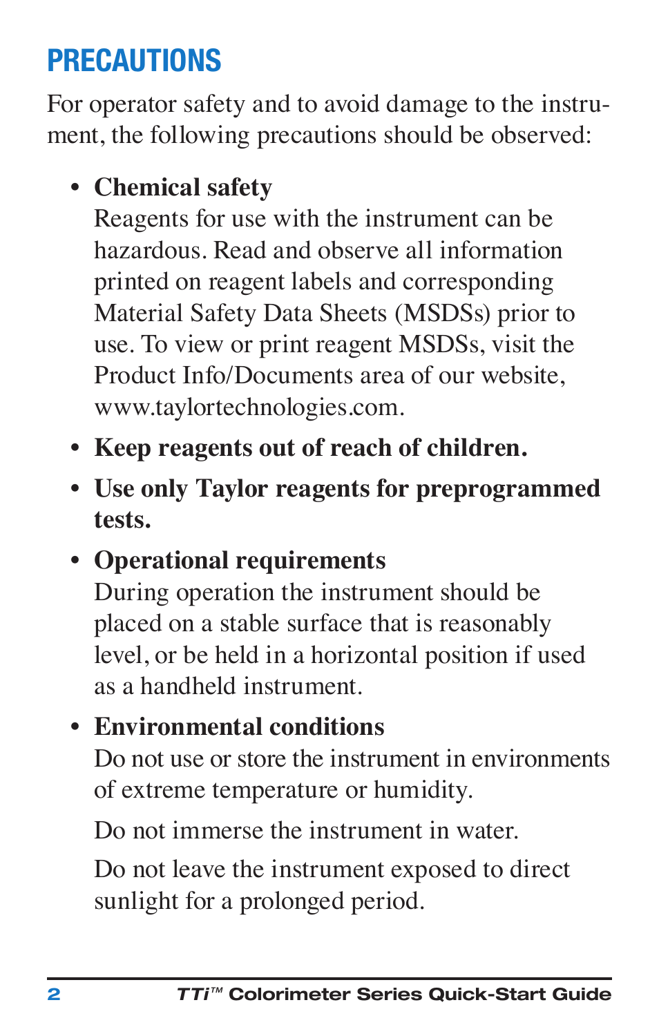 Precautions | Nova-Tech Taylor M-3000 TTi3000 Colorimeter Series User Manual | Page 6 / 28