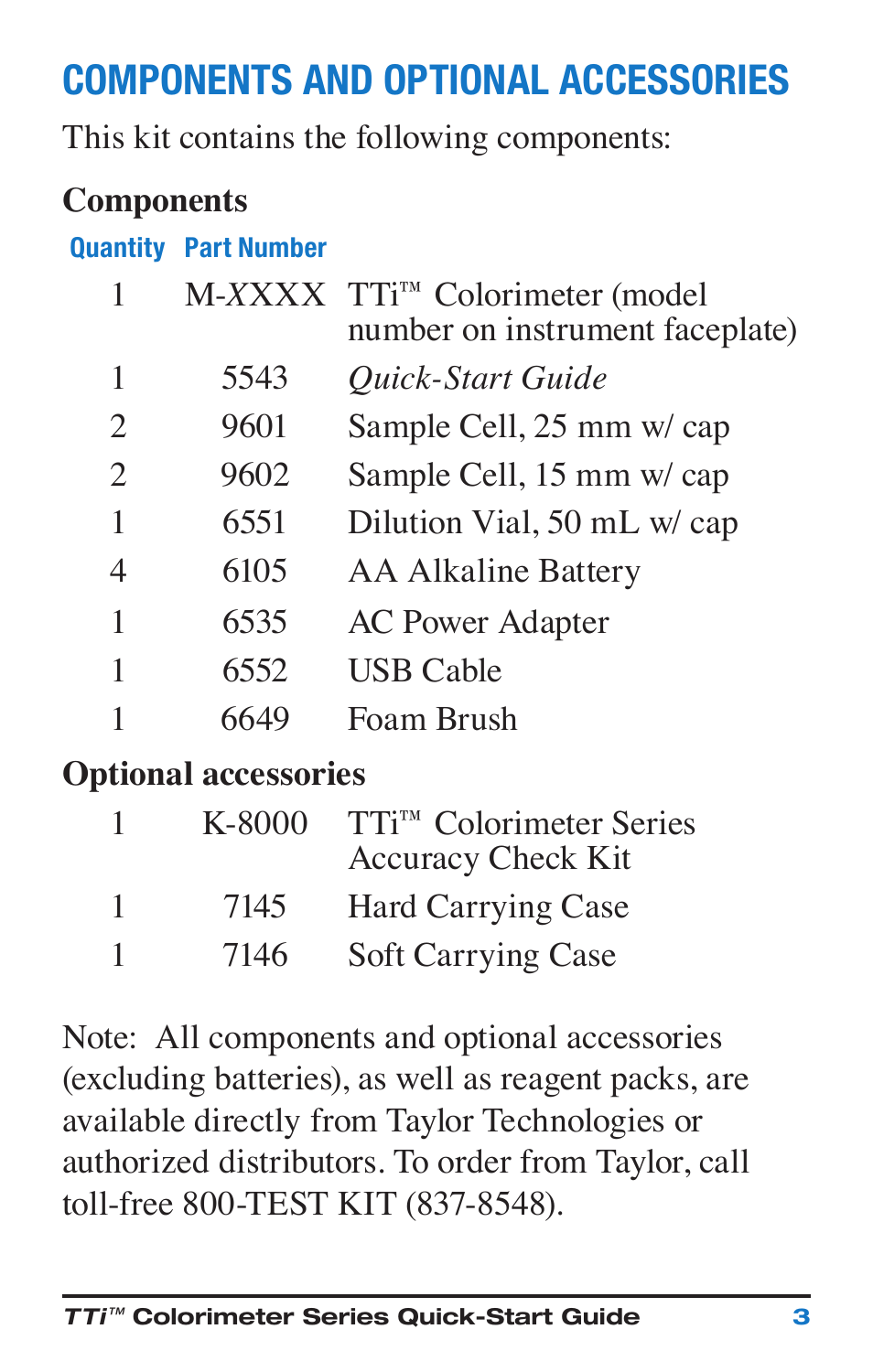 Components and optional accessories | Nova-Tech Taylor M-3000 TTi3000 Colorimeter Series User Manual | Page 7 / 28