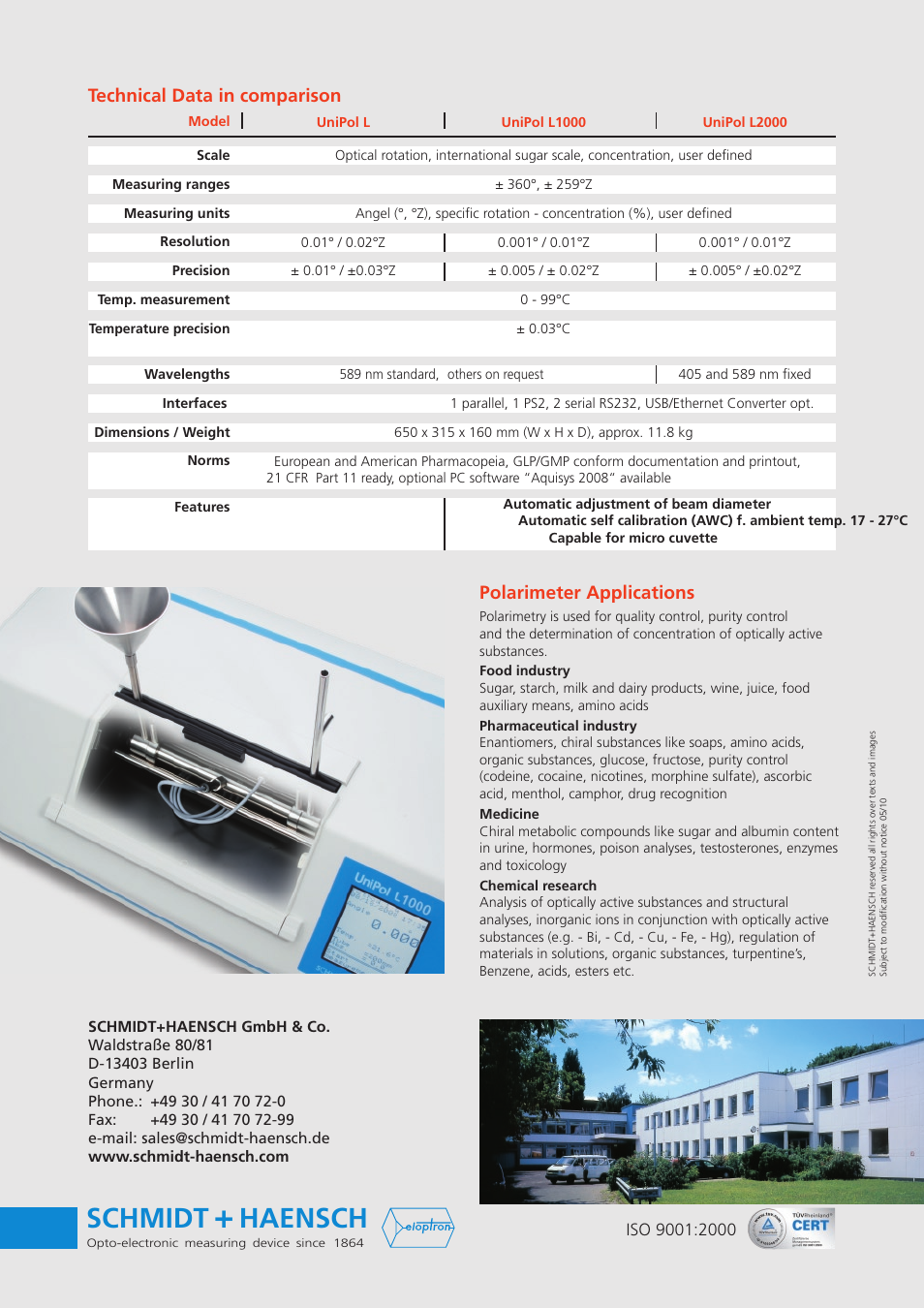 Schmidt, Haensch, Technical data in comparison | Polarimeter applications | Nova-Tech UniPol L-Series Polarimeters User Manual | Page 4 / 4