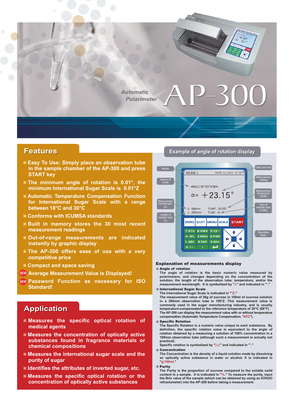 Special packages, Observation tubes, Features application | Temperature control, No temperature control, Example of angle of rotation display, Automatic polarimeter | Nova-Tech Atago AP-300 Series Polarimeter User Manual | Page 2 / 4